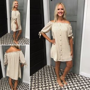 Cream Off the Shoulder Button Down Dress